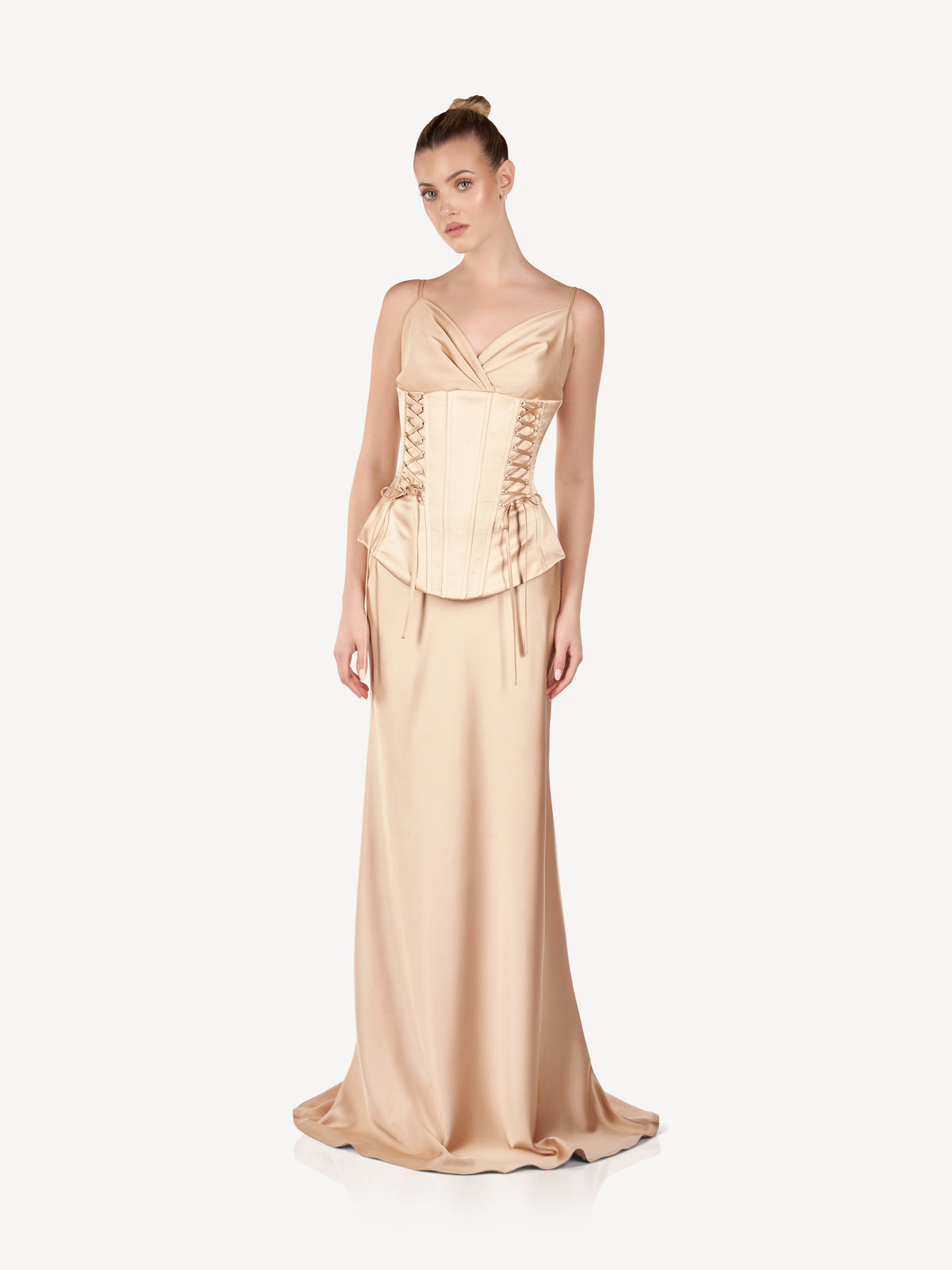 Maxi Satin Corset Dress with Fine Straps, Champagne Élise