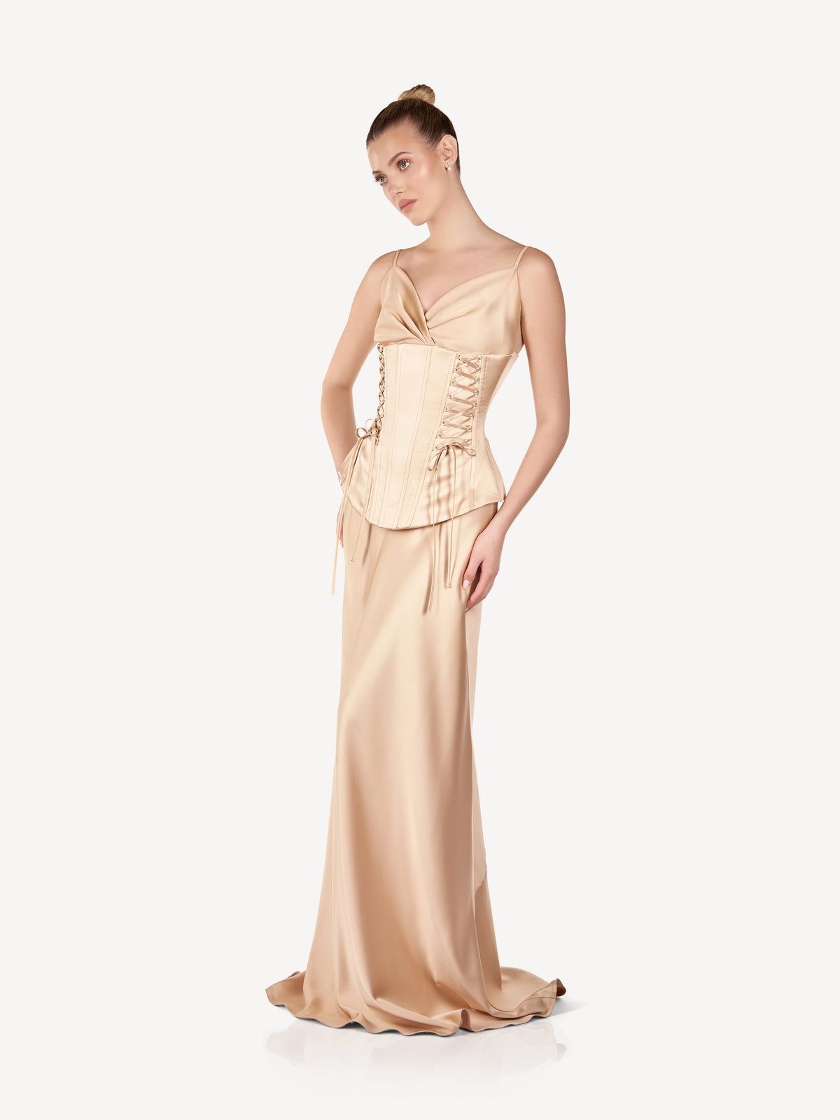 Maxi Satin Corset Dress with Fine Straps, Champagne Élise