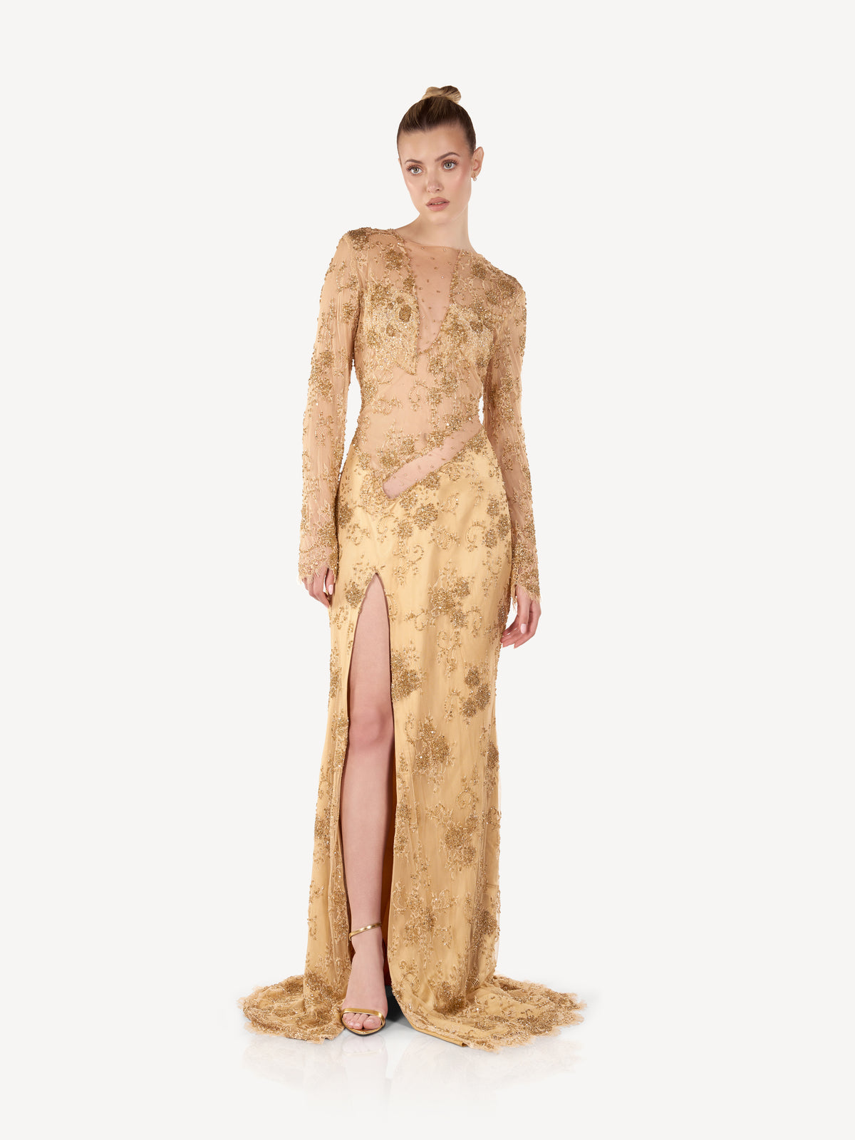 Maxi Dress in Lace and Embroidered Satin, Aurélia