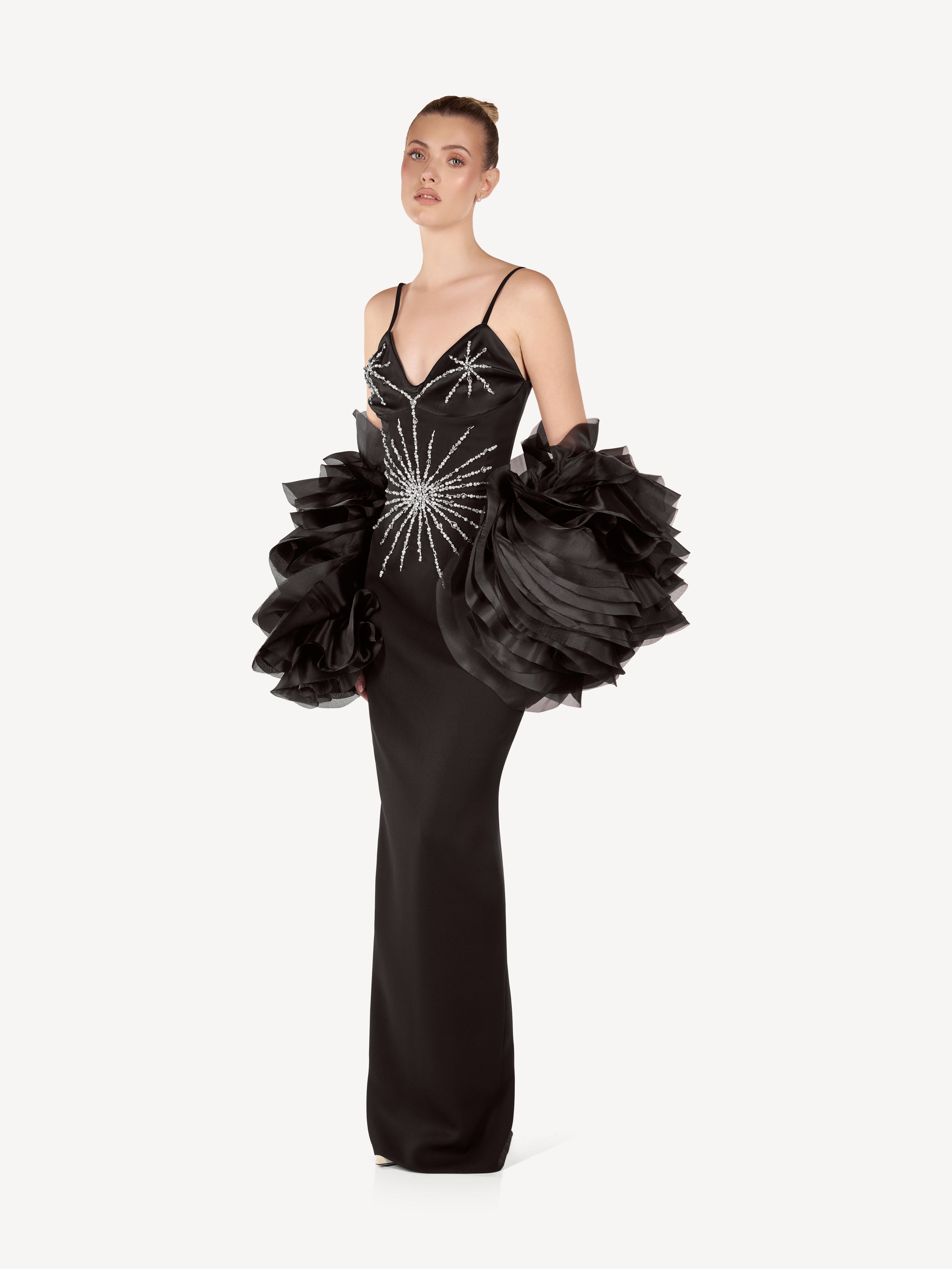 Rochie Maxi cu Aplicatii din Cristale si Maneci din Organza, Stella Noire