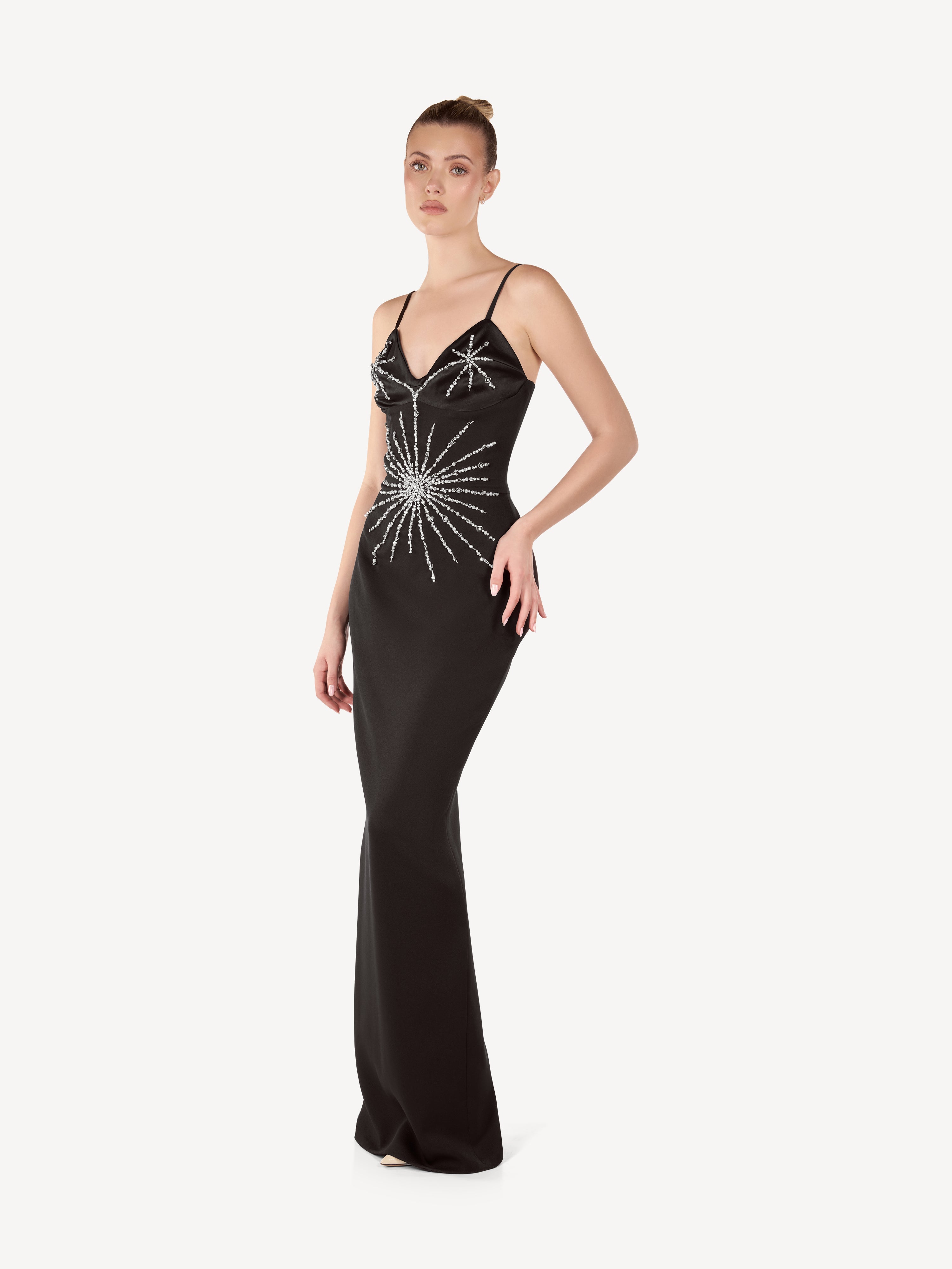 Rochie Maxi cu Aplicatii din Cristale si Maneci din Organza, Stella Noire