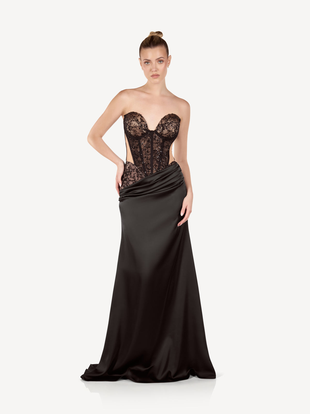Maxi Satin Dress with Embroidered Corset and Draping, Noémie