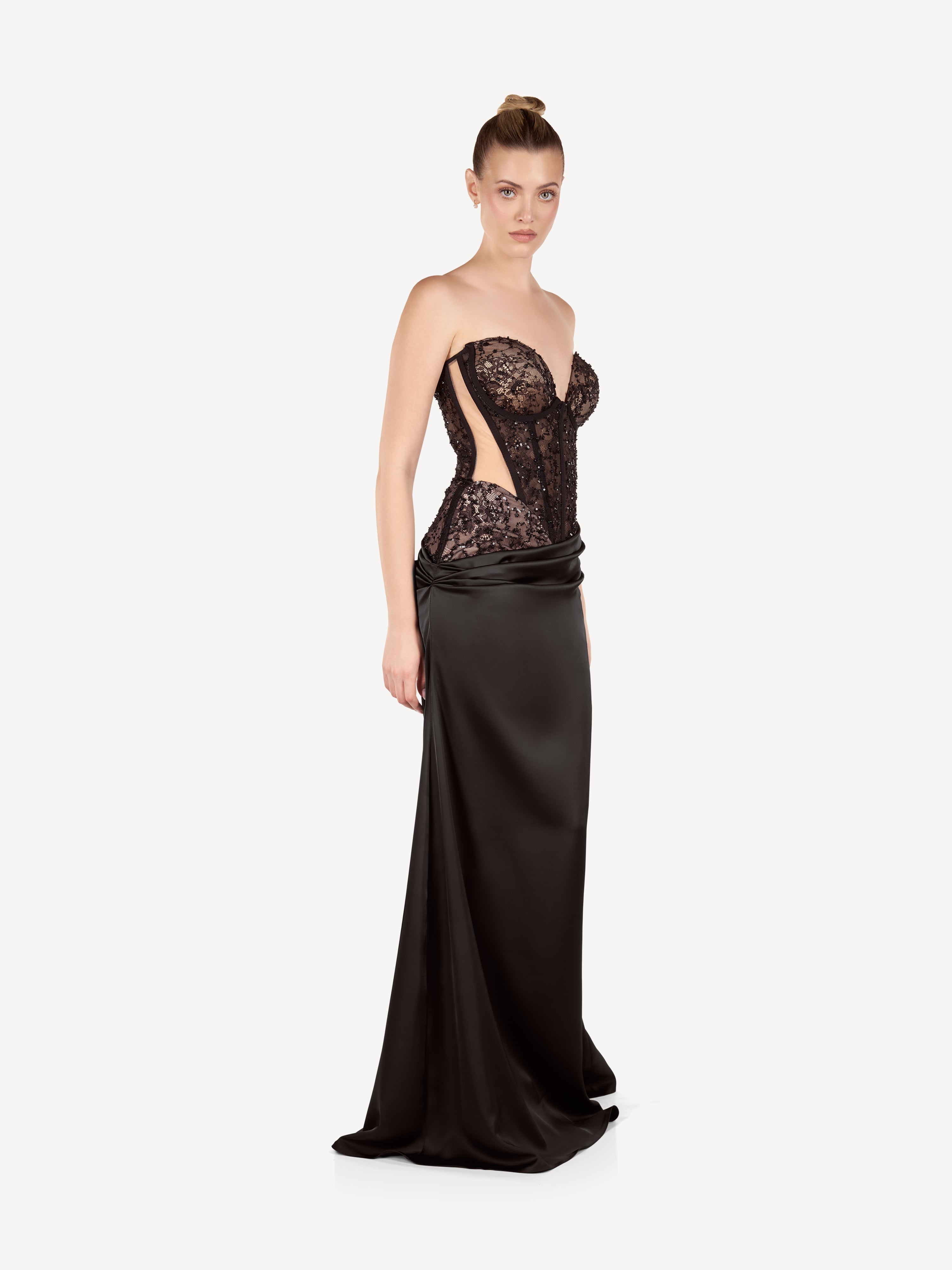 Rochie Maxi din Satin cu Corset Brodat si Drapaj, Noémie