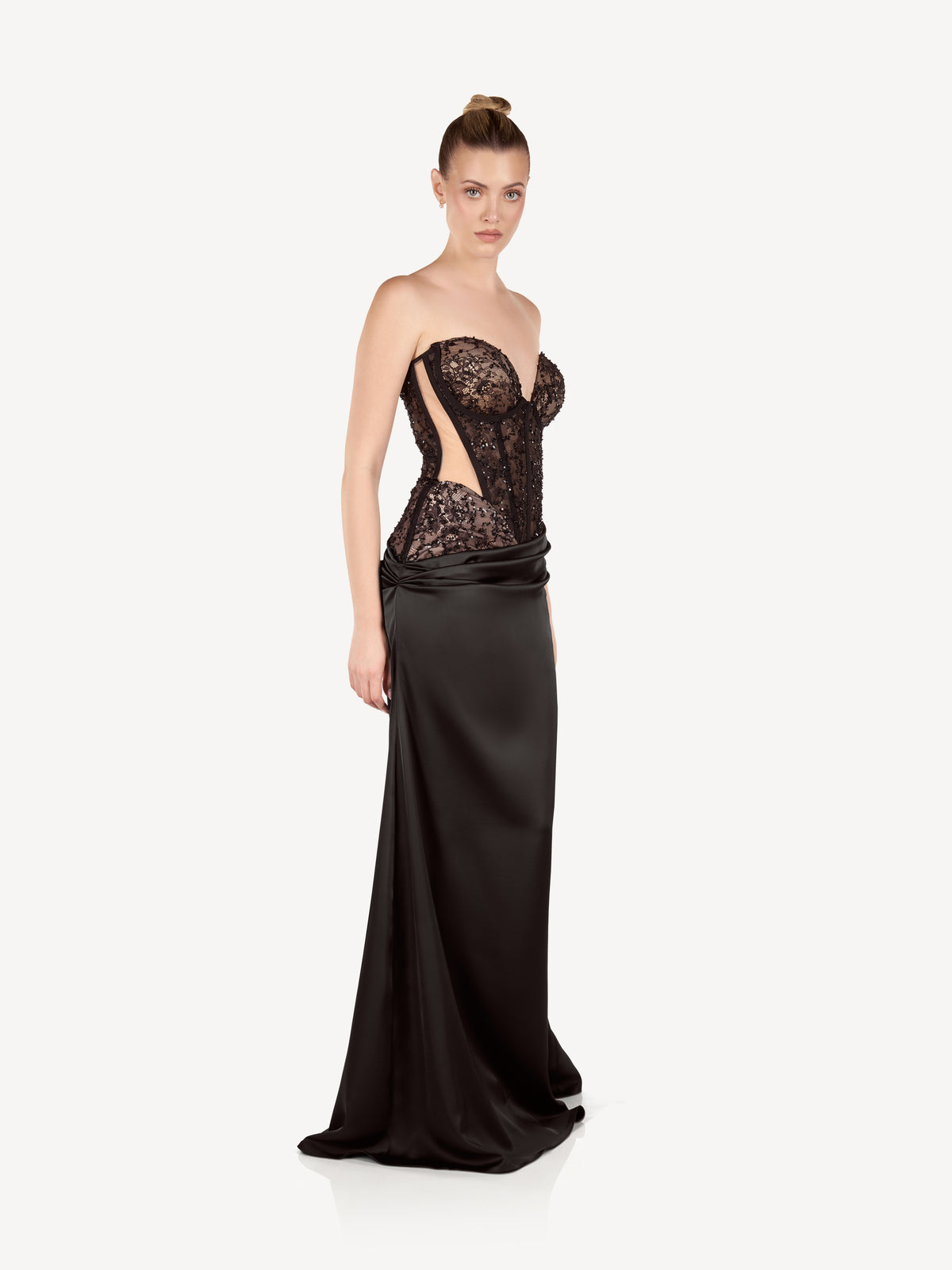 Maxi Satin Dress with Embroidered Corset and Draping, Noémie