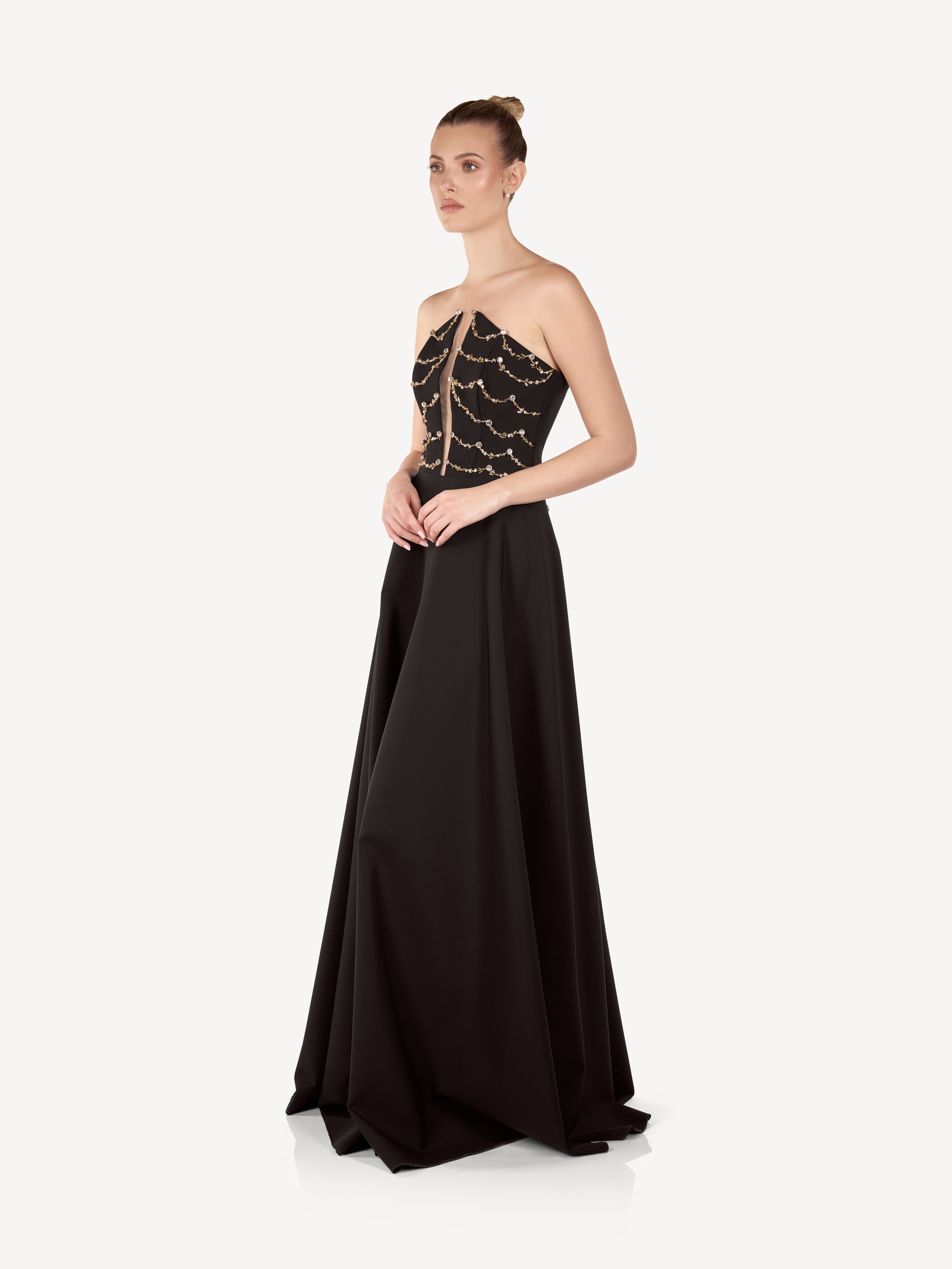 Maxi Dress with Applied Corset and Full Skirt, Étoile Noire