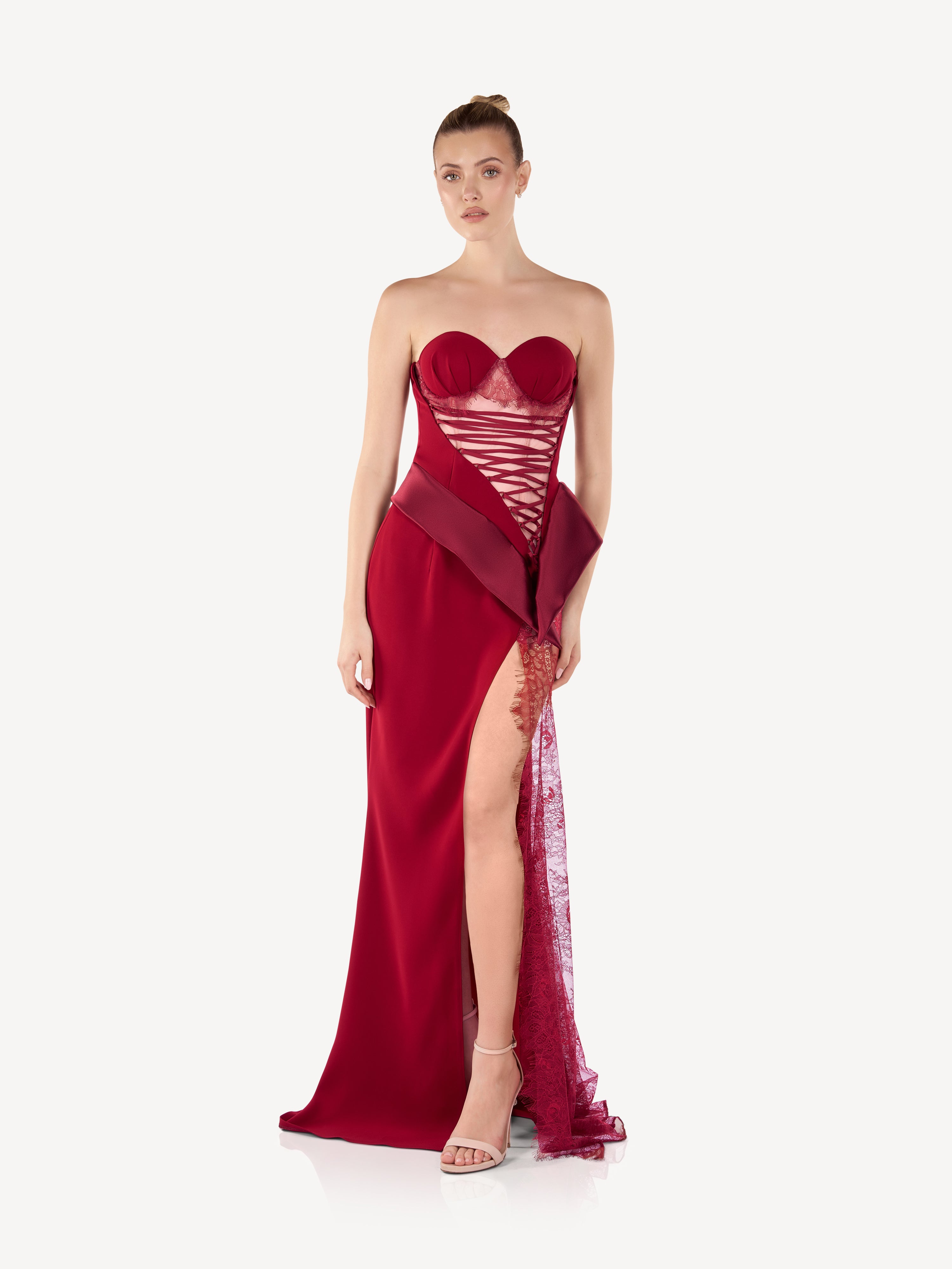 Maxi Corset Dress in Crepe and Lace with Wide Slit, Rosalie
