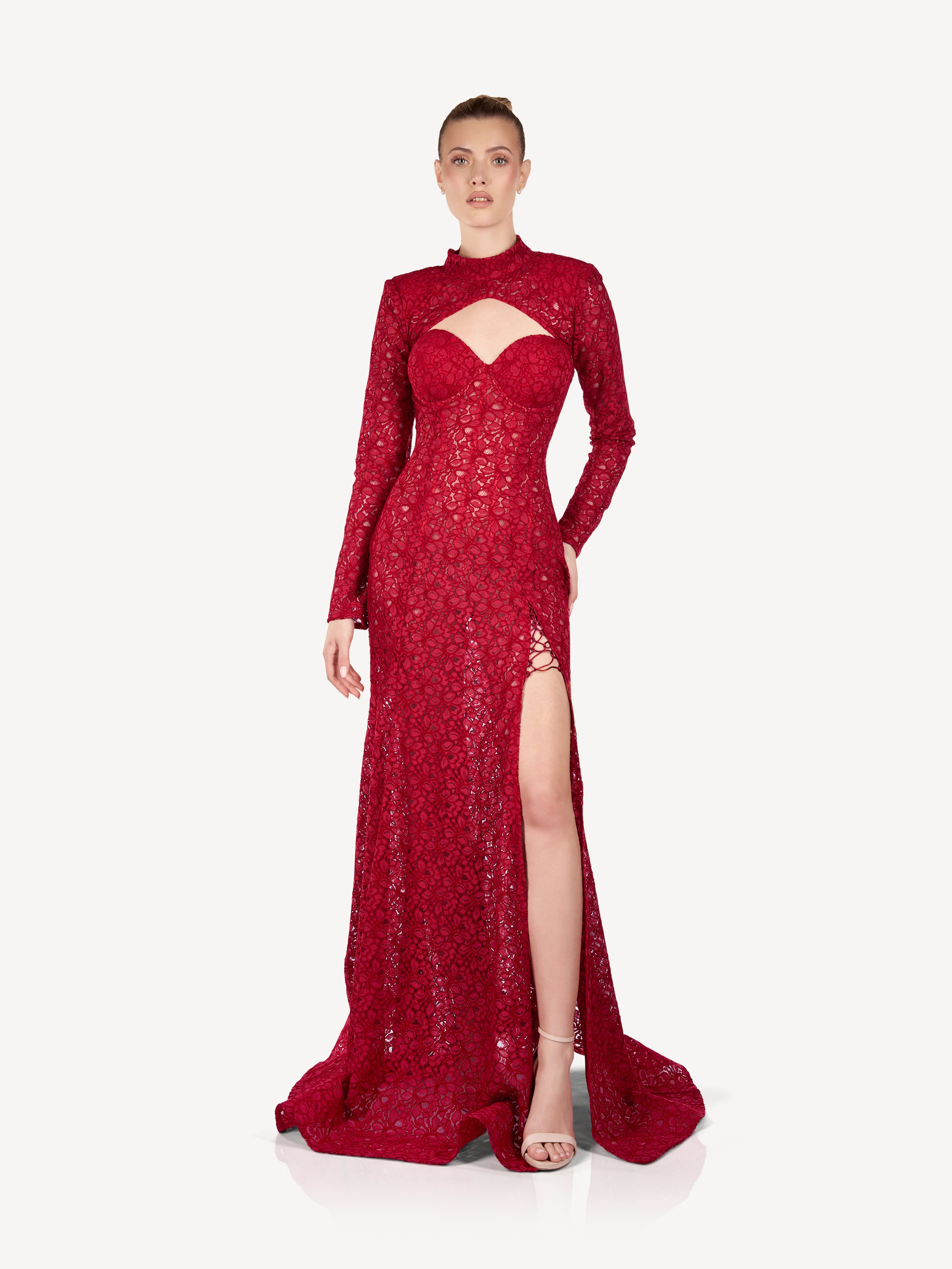 Maxi Lace Dress with High Collar and Front Slit, Scarlett Rouge
