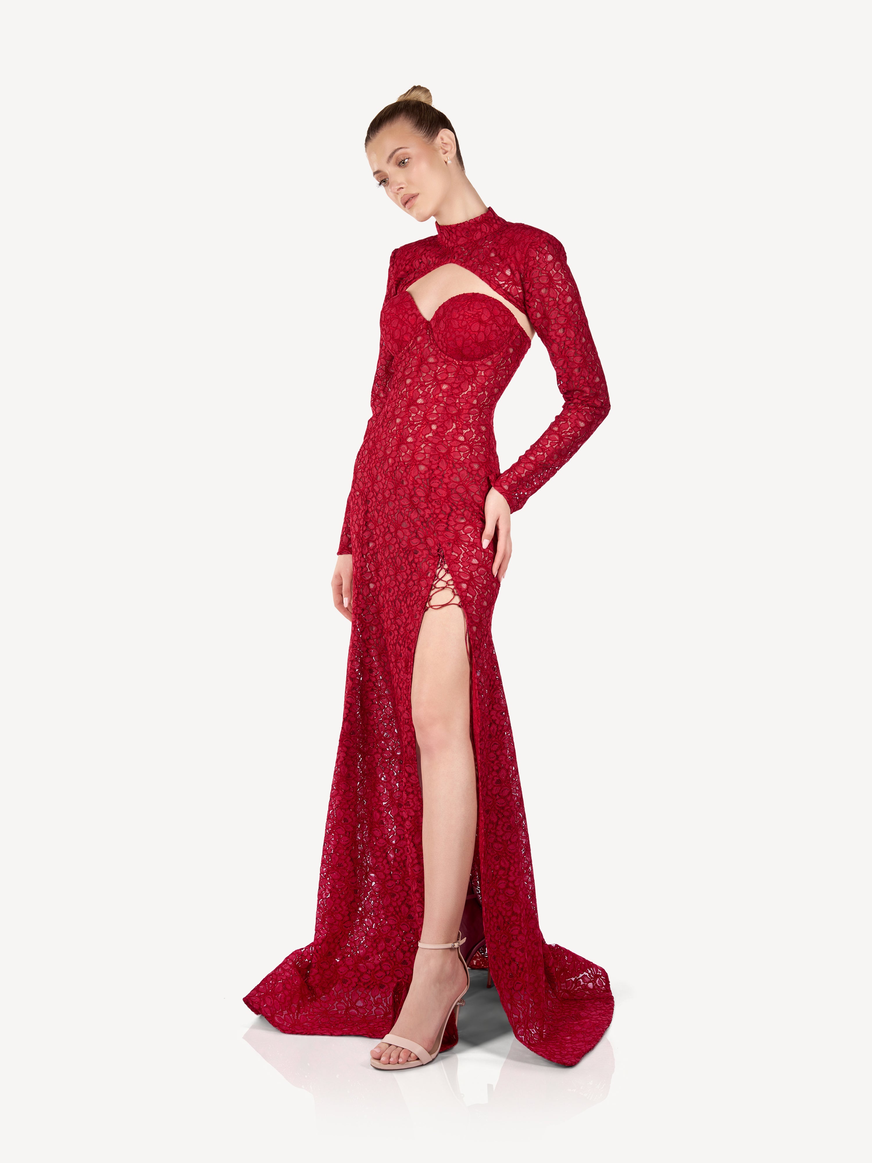 Maxi Lace Dress with High Collar and Front Slit, Scarlett Rouge