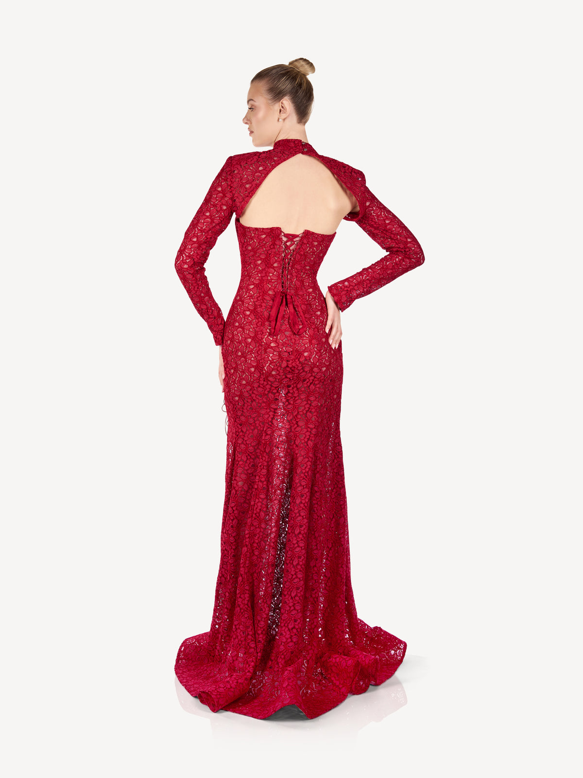 Maxi Lace Dress with High Collar and Front Slit, Scarlett Rouge