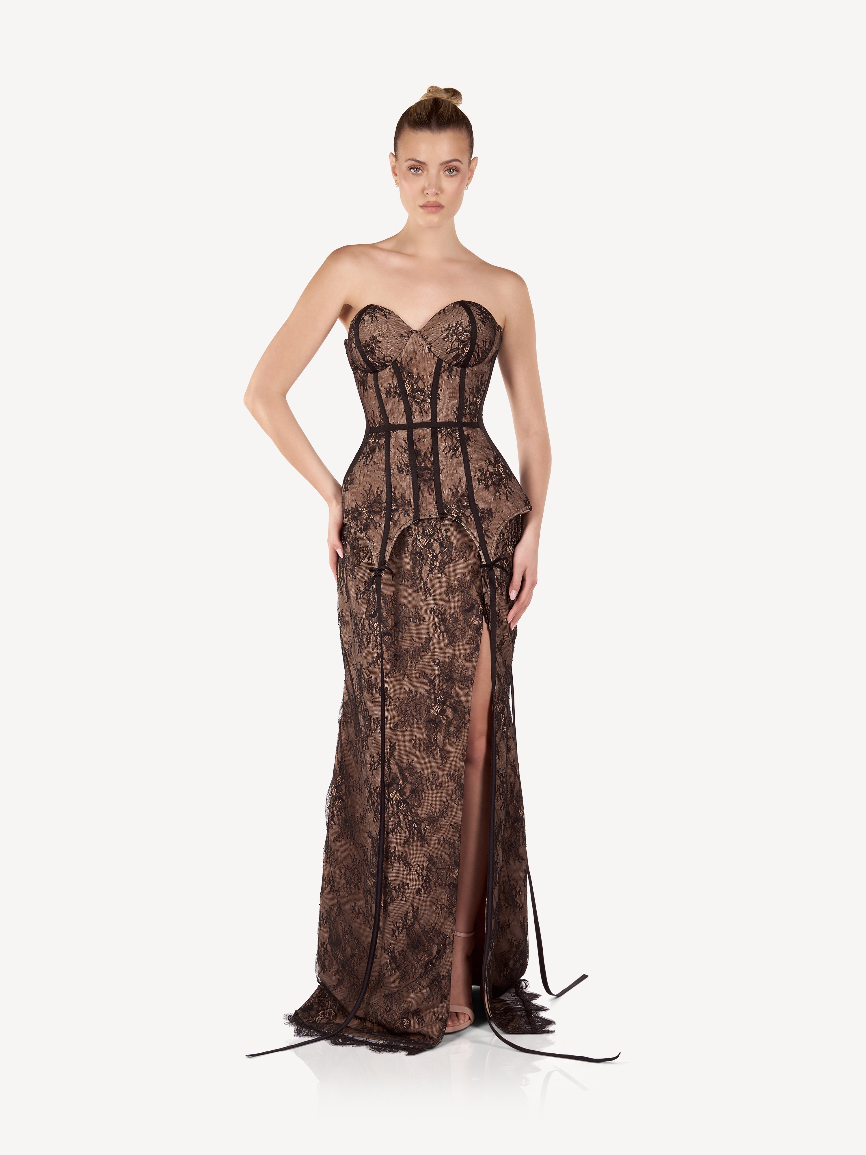 Maxi Corset Dress in Lace and Crepe with Front Slit, Isadora