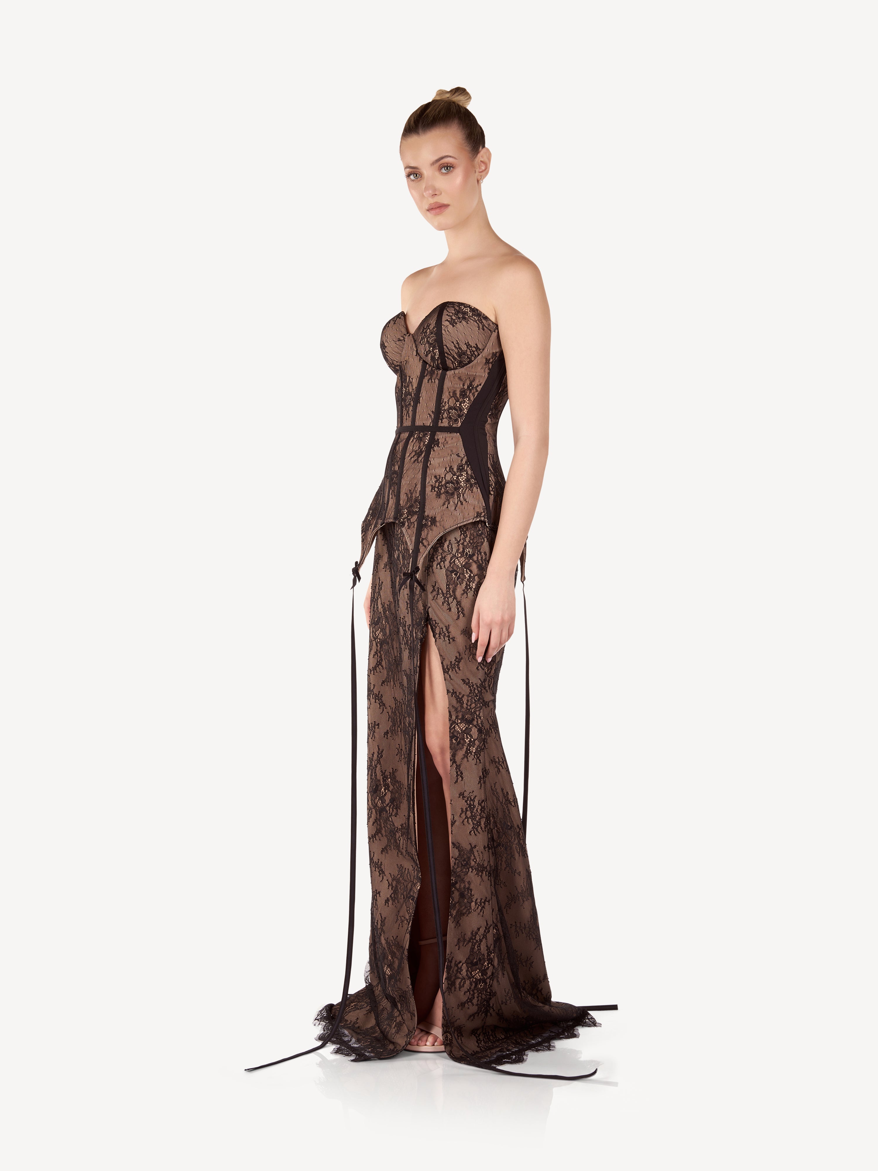 Maxi Corset Dress in Lace and Crepe with Front Slit, Isadora
