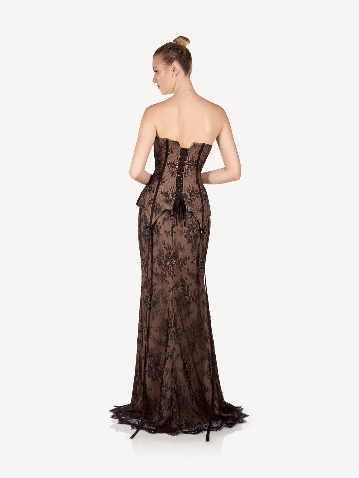 Maxi Corset Dress in Lace and Crepe with Front Slit, Isadora