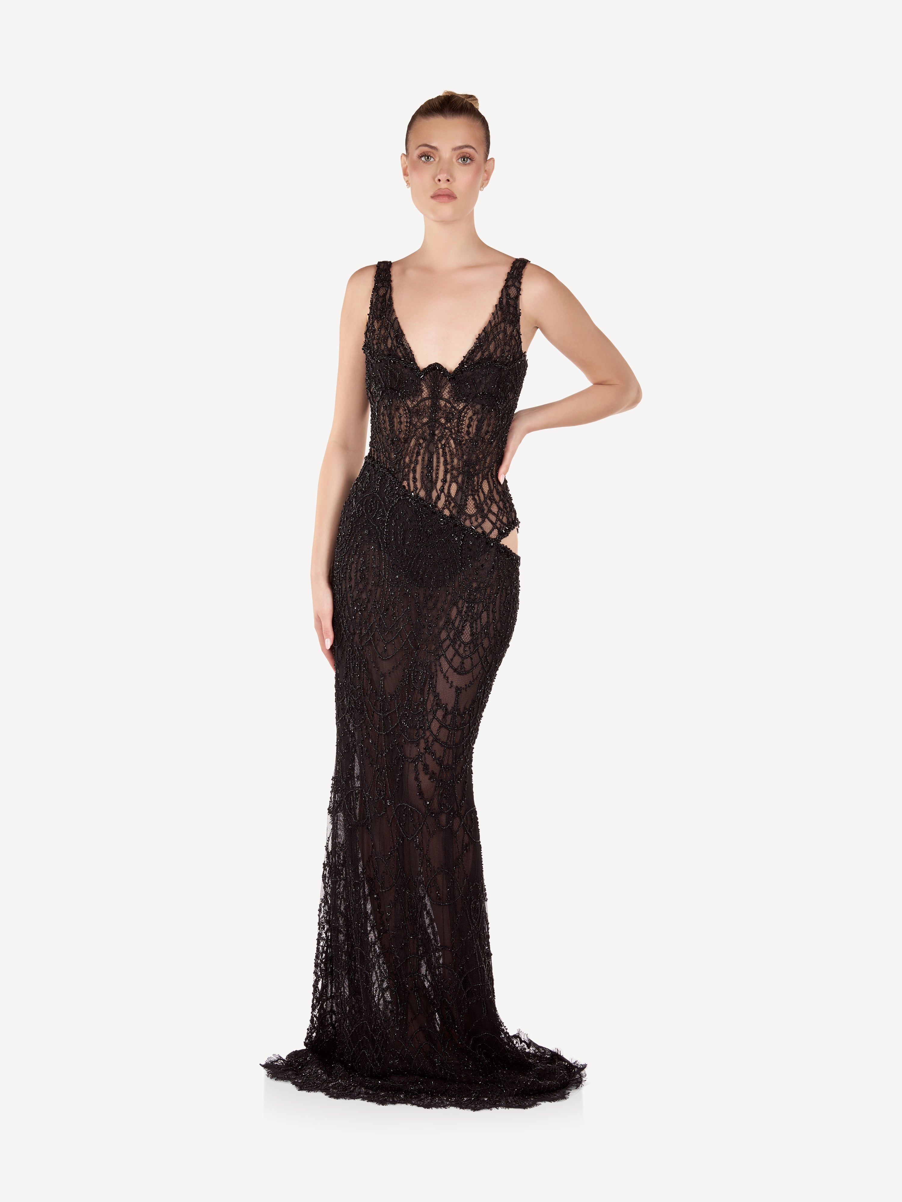 Rochie Maxi Sirena cu Broderii si Decupaje Laterale, Noir Élise