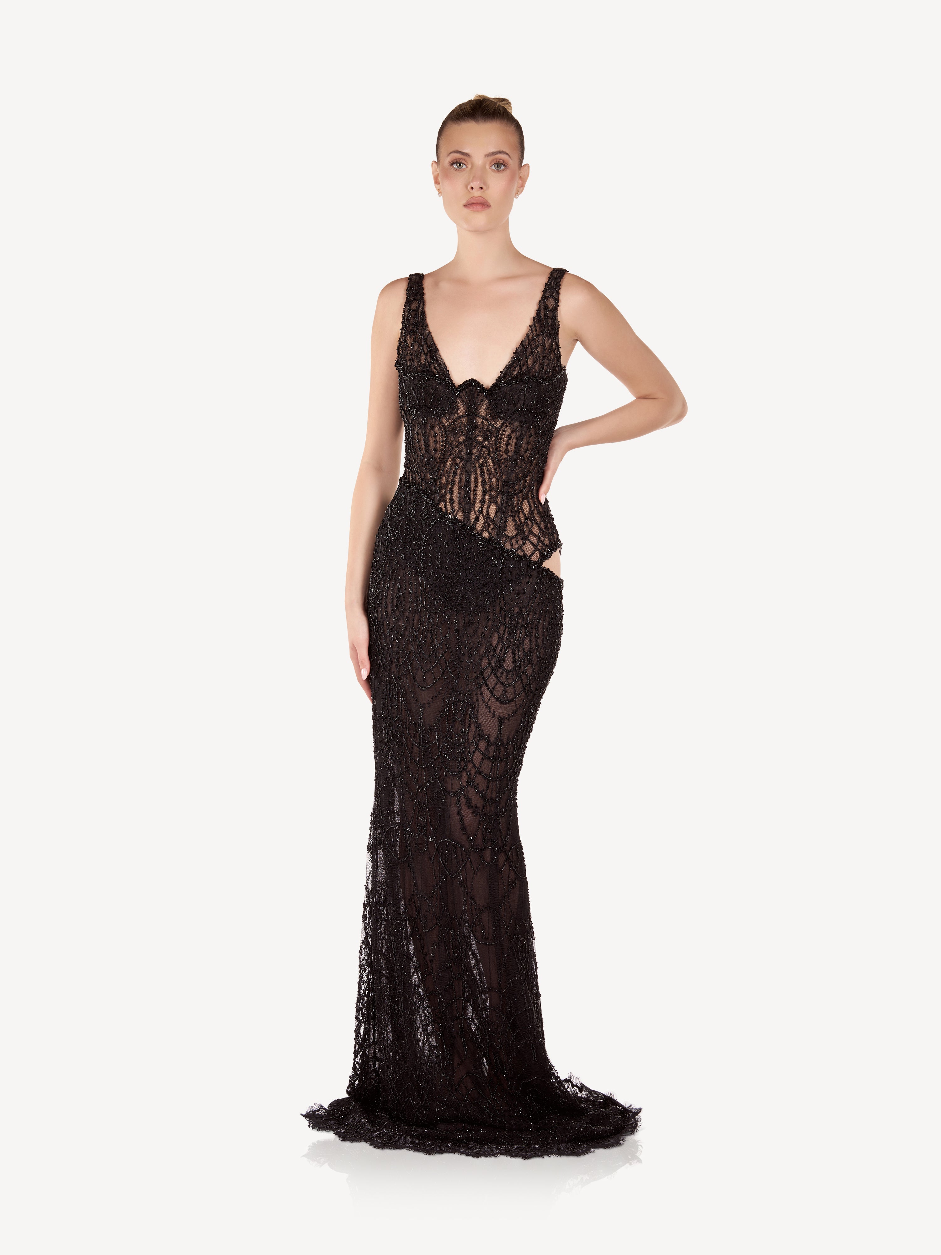 Maxi Mermaid Dress with Embroideries and Side Cutouts, Noir Élise