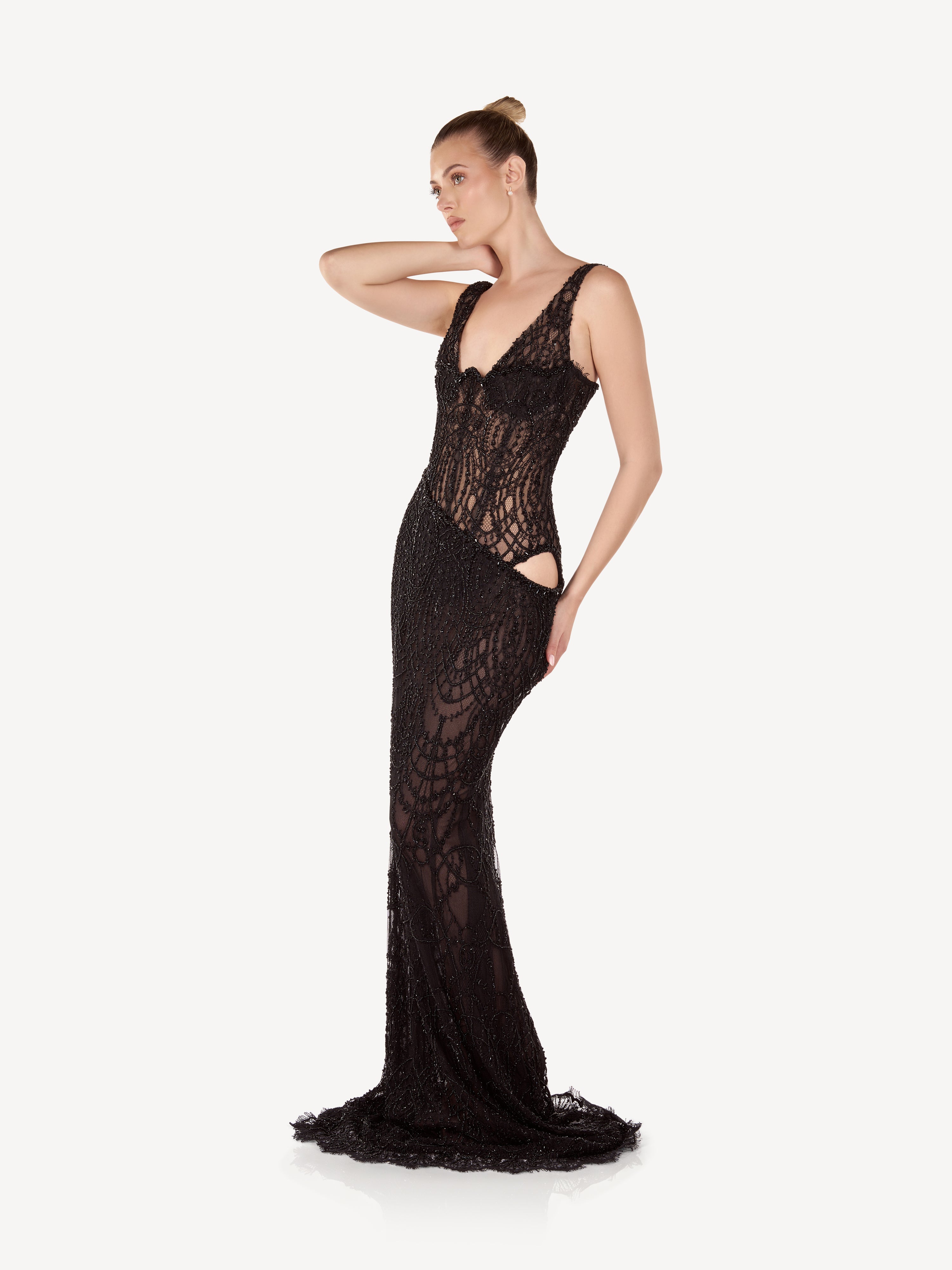 Maxi Mermaid Dress with Embroideries and Side Cutouts, Noir Élise