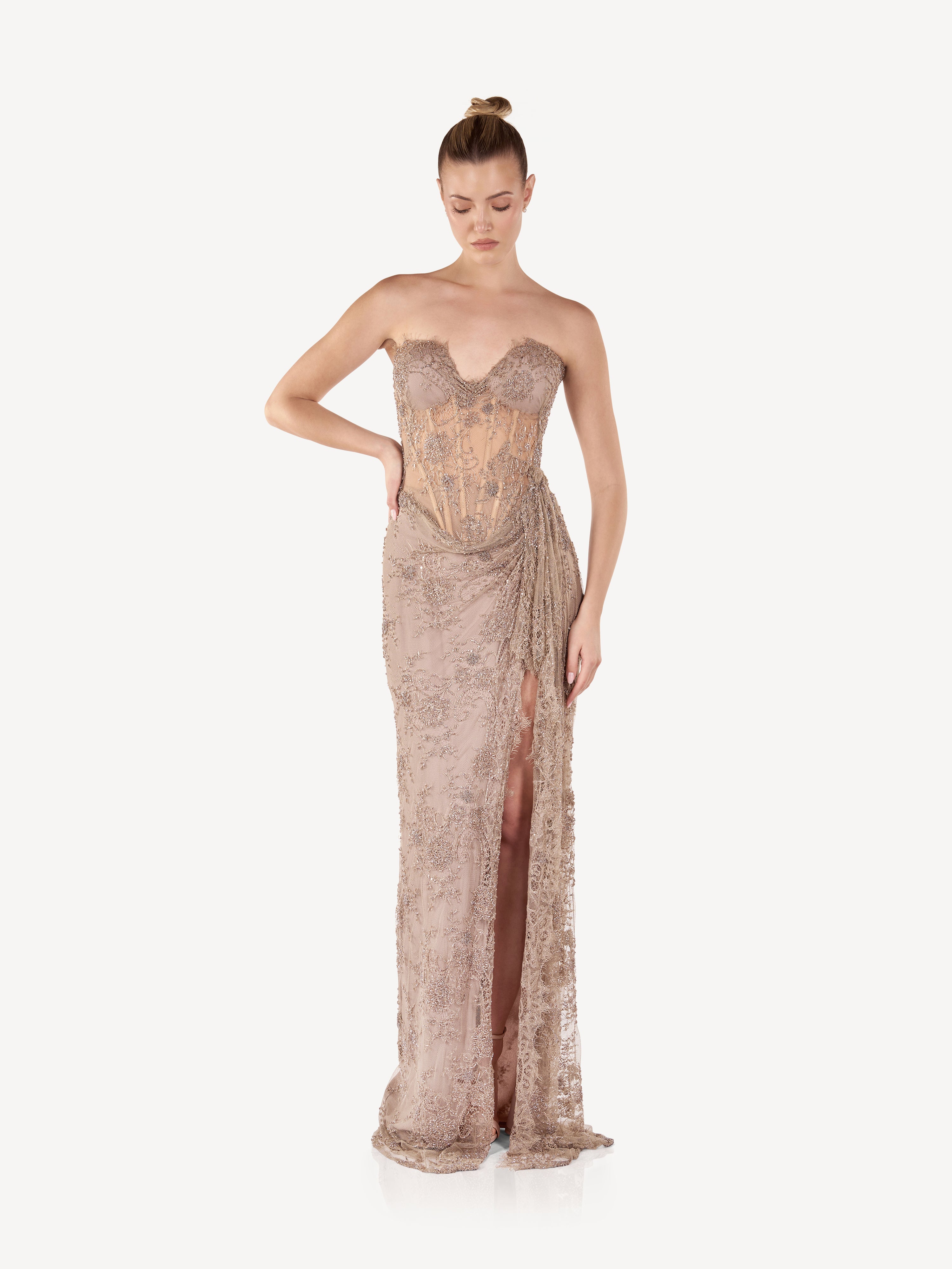 Embroidered and Draped Couture Corset Maxi Dress, Elara