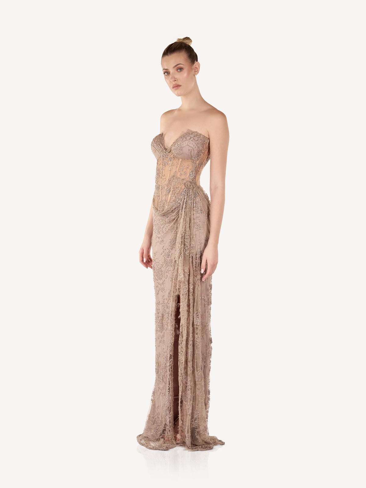 Embroidered and Draped Couture Corset Maxi Dress, Elara