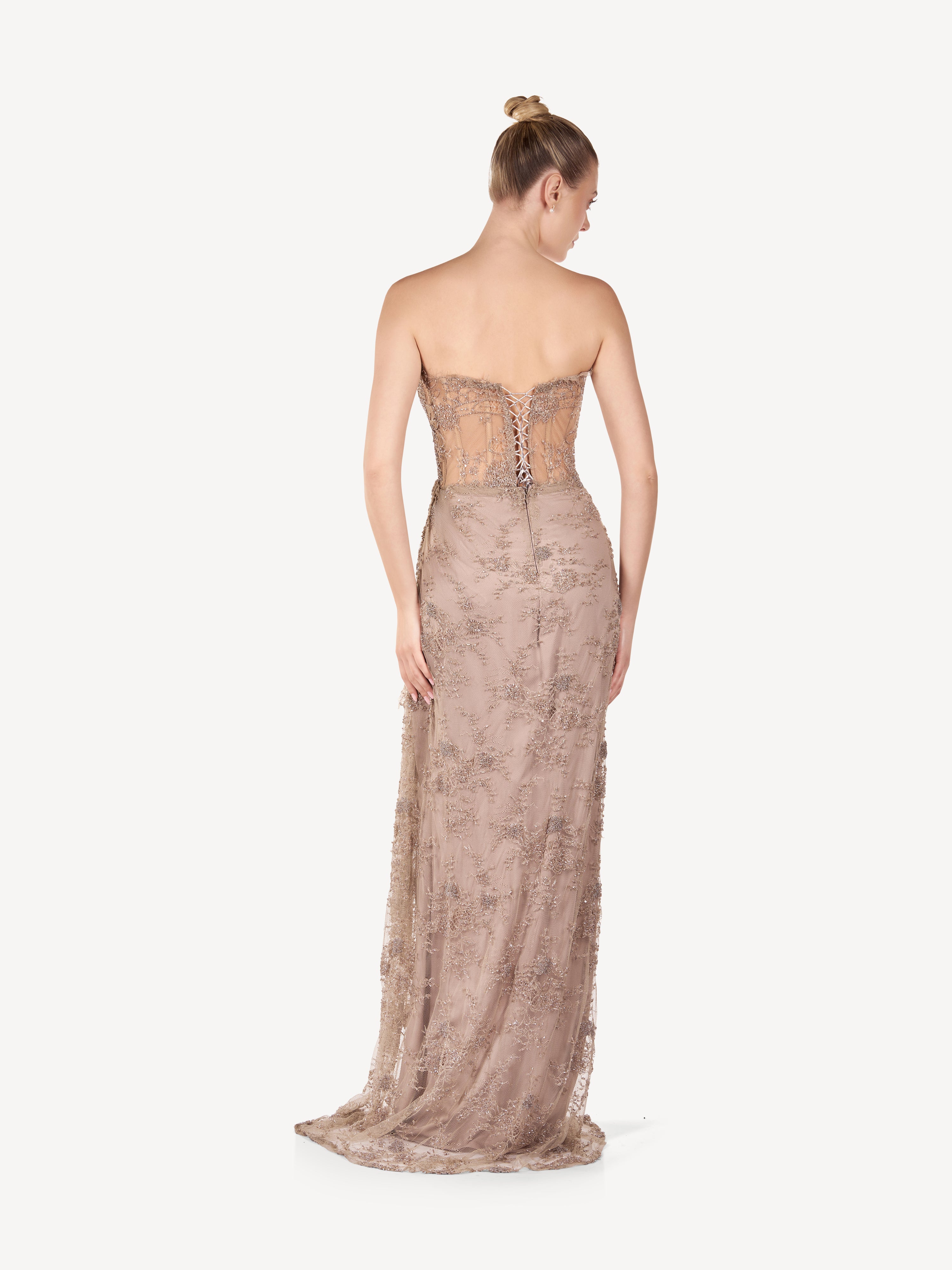 Rochie Maxi Corset cu Broderii si Drapaj Couture, Elara