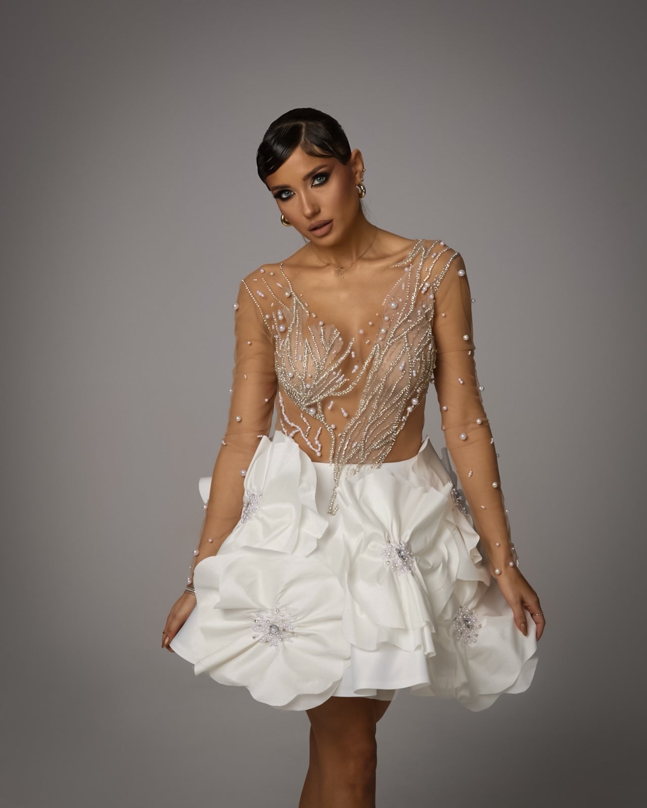 Rochie Mini cu Broderie si Aplicatii Florale, Floral Elegance