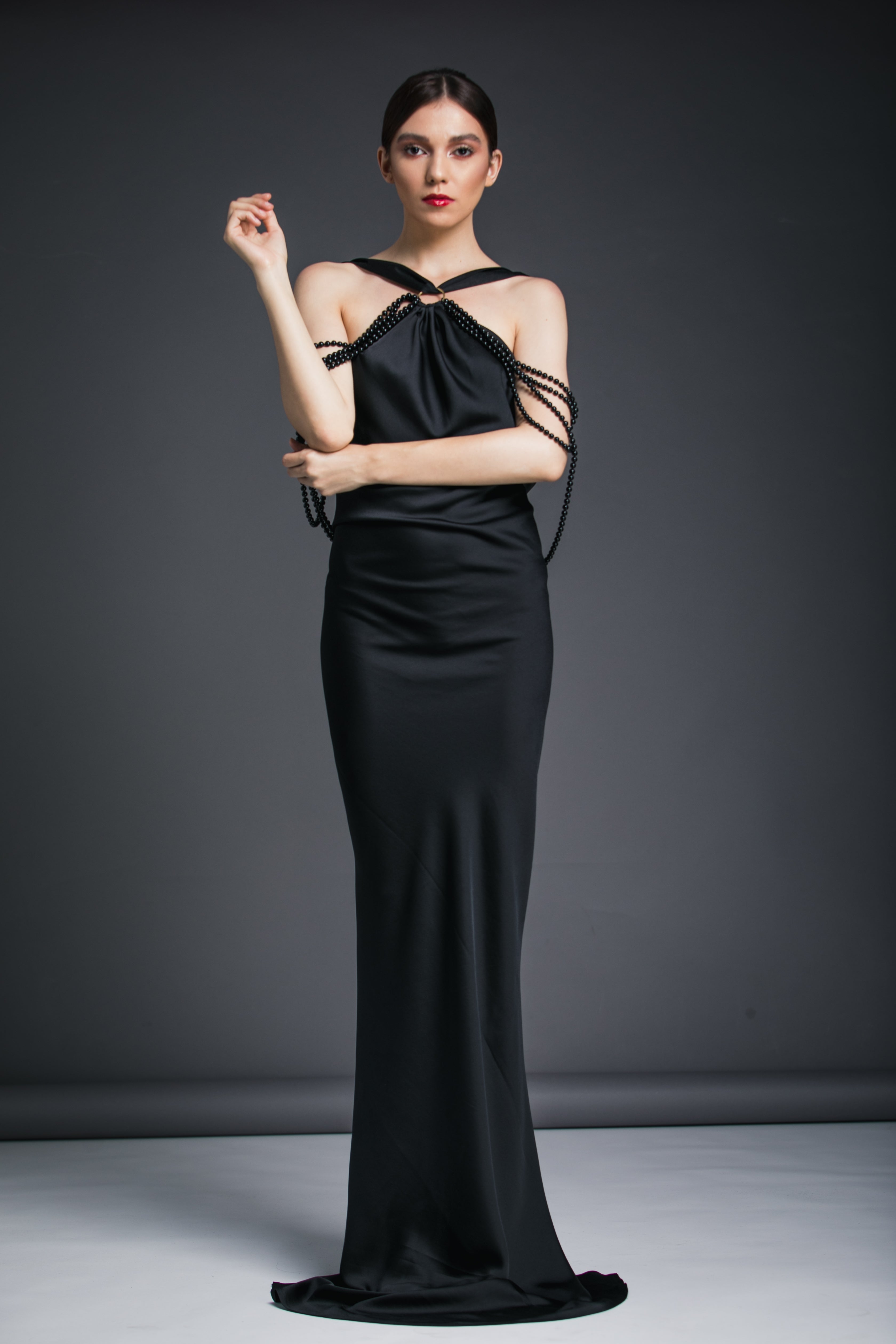 Rochie Maxi din Satin si Margele, Black Swan